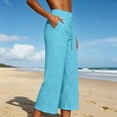 thumbnail image 2 of Wide Leg Capri Pants for Women High Waisted Cotton Linen Summer Pants Casual Drawstring Cropped Trousers with Pockets Sky Blue XL, 2 of 5