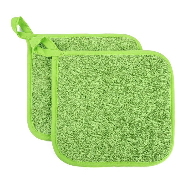 100% Cotton Terry Pot Holder Pack of 2 for Kitchen Everyday Basic Heat Resistant Coaster Potholder for Cooking and Baking Premium - Green, Size: 18*