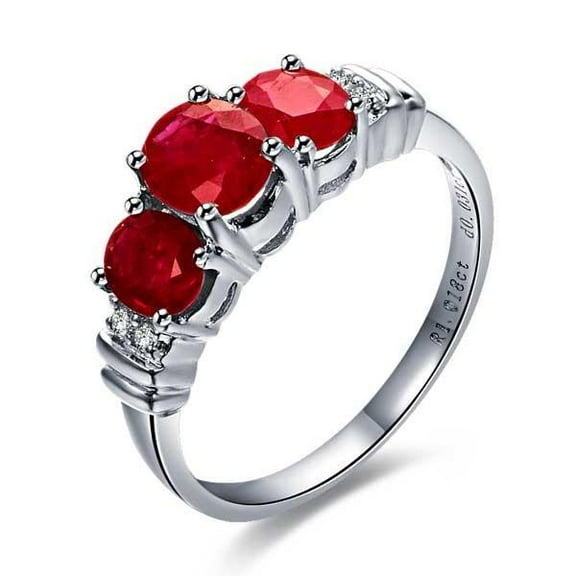 Classic 1.25 Carat Three Oval Shape Stone Red Ruby And Moissanite Diamond Engagement Ring on 10k White Gold