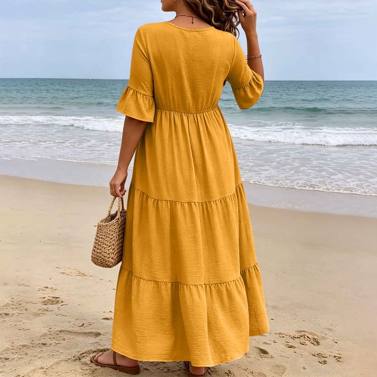 amazon ladies beach dresses Blmnix Fit & Flare Women Dress Dress Plus Size Dresses Yellow Maxi Elbow-Length V-Neck Antimicrobial Protection Summer Dresses Casual synkro-clone-lewkinuk