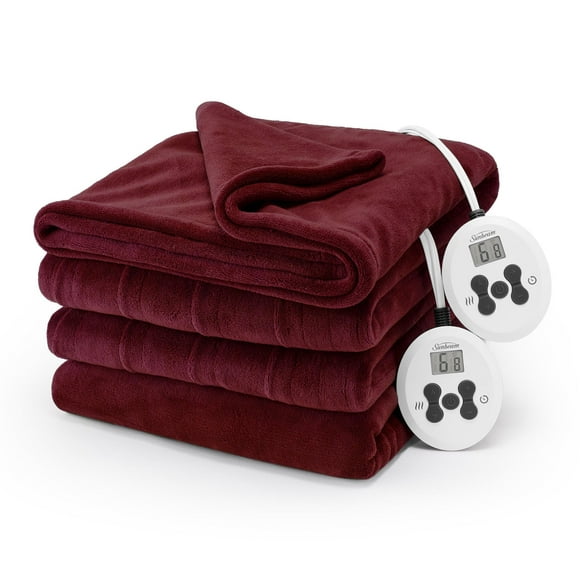 Sunbeam Electric Royal Luxe Microplush Heated Blanket 12 Heat Settings, 12-Hour Selectable Auto Shut-Off, Fast Heating, Warm and Cozy, Dark Cherry Color, Queen, 90" x 84"
