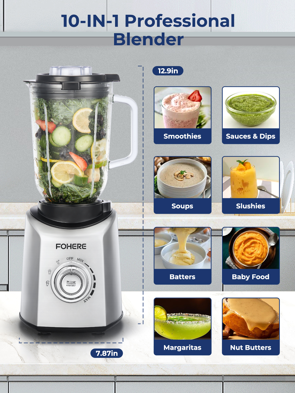 FOHERE Professional Countertop Blender, 50Oz Glass Jar, 1300W Peak Power, BPA-Free, Smoothie Maker with Presets & 5 Speeds, 20Oz Tritan to-go Cup, Ice Crusher for Home Use