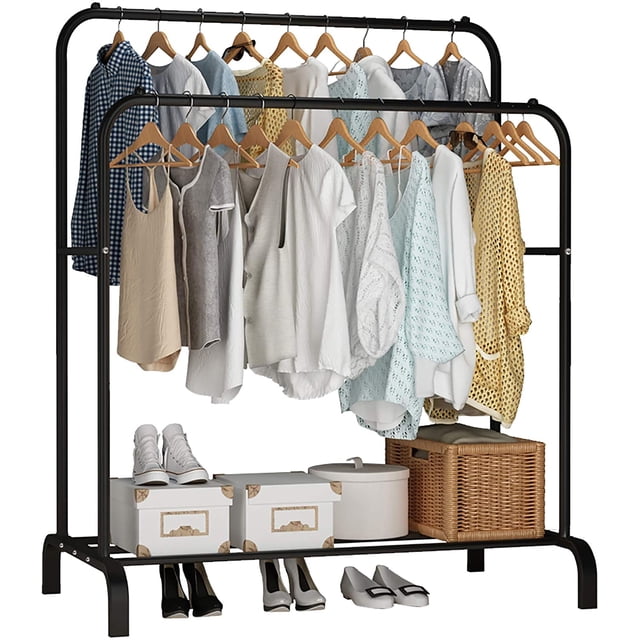 UDEAR Garment Rack Freestanding Hanger Double Rods Multi-Functional Bedroom Clothing Rack, Black