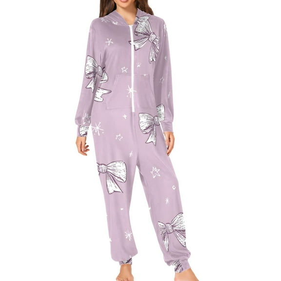 Light Purple Bows Small Stars Adult's Hoodie Onesie Jumpsuit One-Piece Pajamas with Zipper Unisex for Holiday S