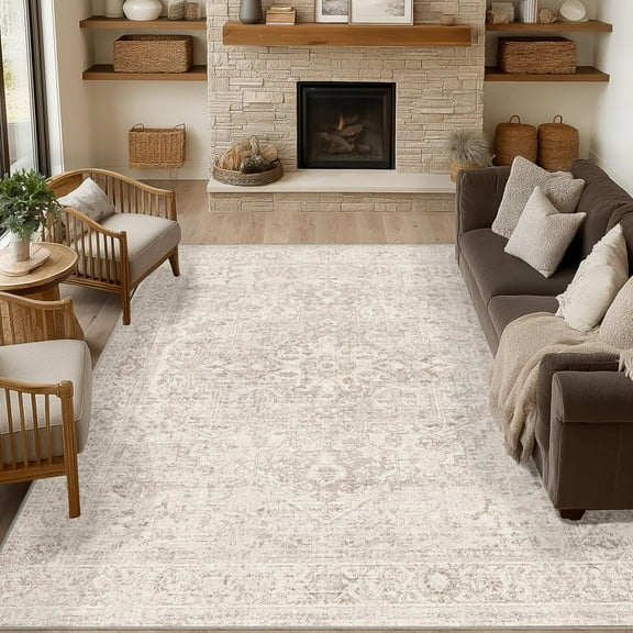 8x10 Washable Area Rug Beige Vintage Neutral Distressed Oriental Large Non Slip Carpet for Living Room Bedroom Soft Low Pile Indoor Mat Retro Throw Rug for Dining Room Kitchen Office Nursery