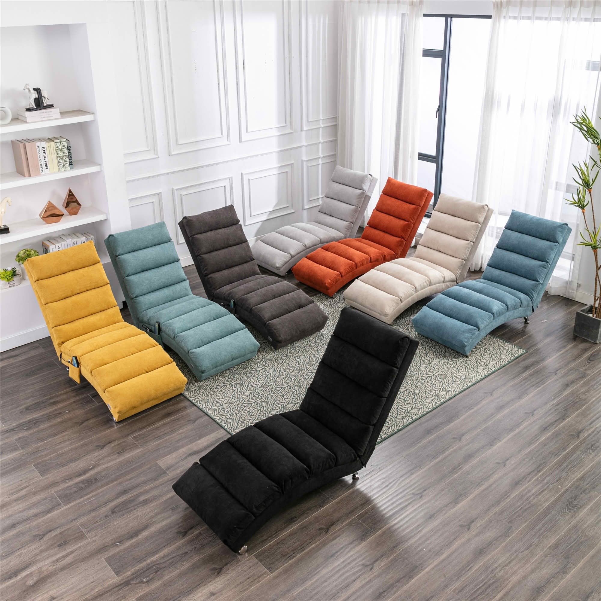 MAYEERTY Vibrating Upholstered Chaise Lounge Chair, Ergonomic Fixed Back Fabric Recliner Sofa with Side Pocket Remote Control for Living Room Bedroom