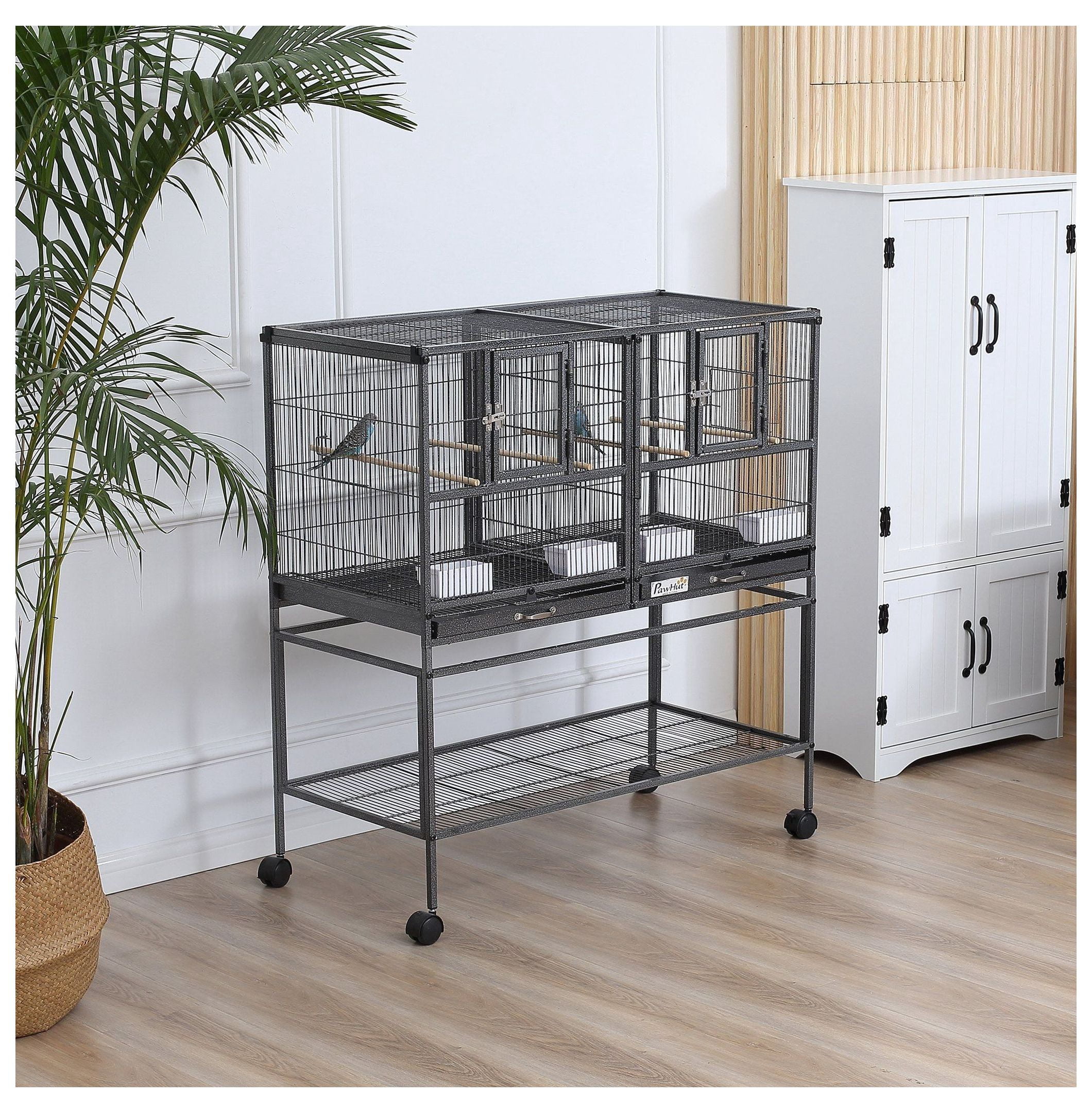 Large Bird Cage Double Rolling Metal 40.25" H w/Storage Shelf & Perches - Black/Gray