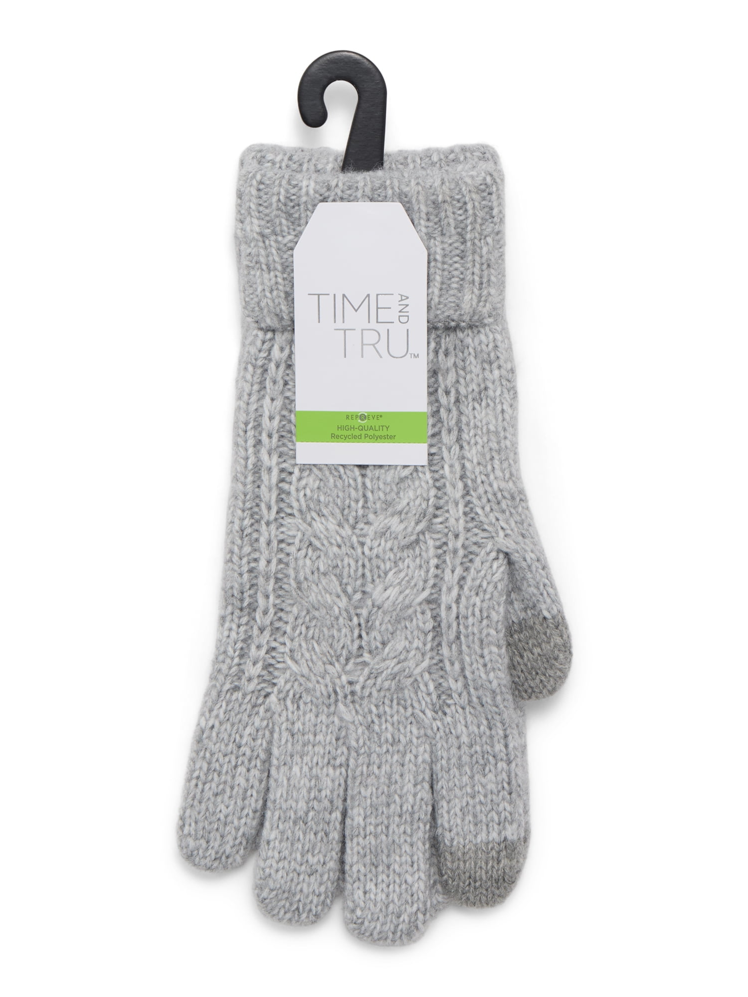 Time and Tru Women's Tech Touch Cable Knit Gloves, One Size Fits Most, Medium Grey Heather