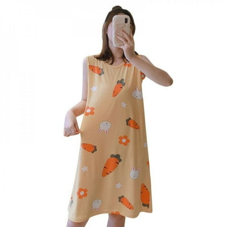 

Sonbest Nightdress For Summer Sleevedress Milk Silk Cute Cartoon Sweet Style Vest Skirt Yellow XXL