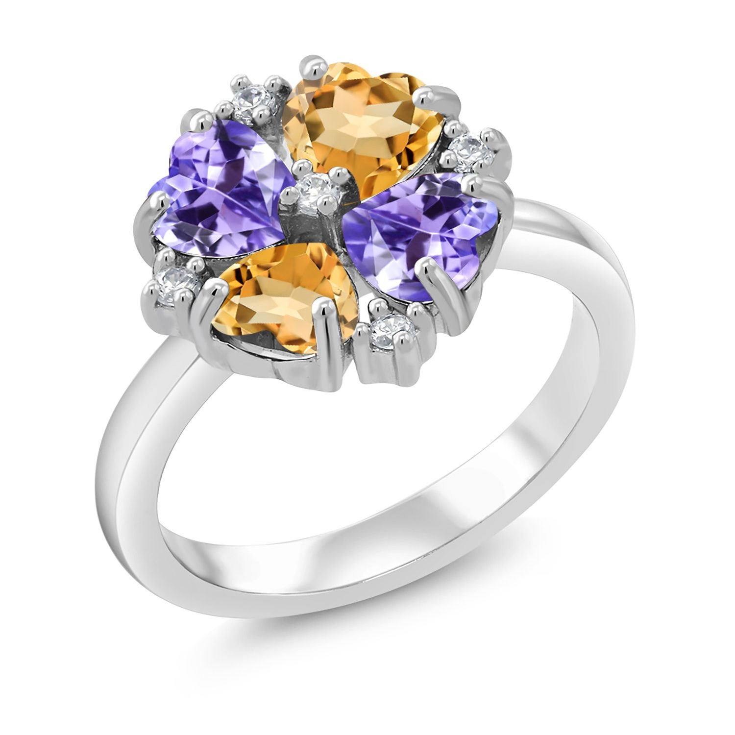 Gem Stone King 925 Sterling Silver Blue Tanzanite and Yellow Citrine Ring for Women (2.00 Cttw, Heart Shape 5MM, Gemstone December Birthstone, Size 9)
