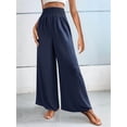 thumbnail image 3 of Women Linen Palazzo Pants Wide Leg Summer Boho High Waist Casual Lounge Pants Beach Travel Vacation Outfits Navy Blue XL, 3 of 8