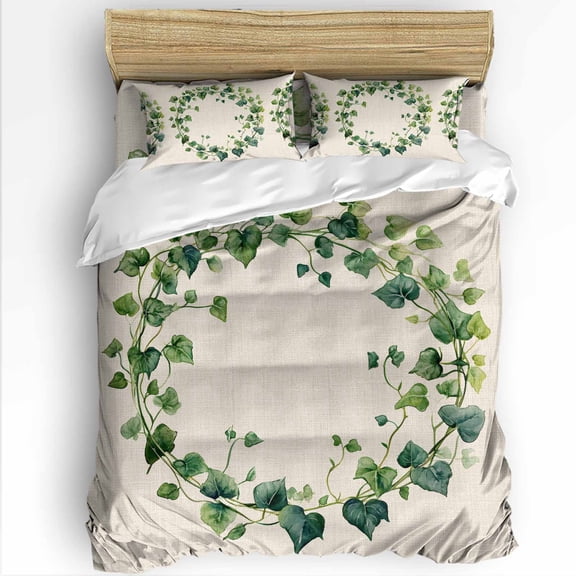 Spring Plant Twin Size Comforter Set, Green Circle Leaf Linen Texture Soft Bedding for All Seasons, 4 Pcs Bed Set with 1 Comforter (68"x86") ,1Sheet(66"x116"), 2 Pillowcases (19"x29")
