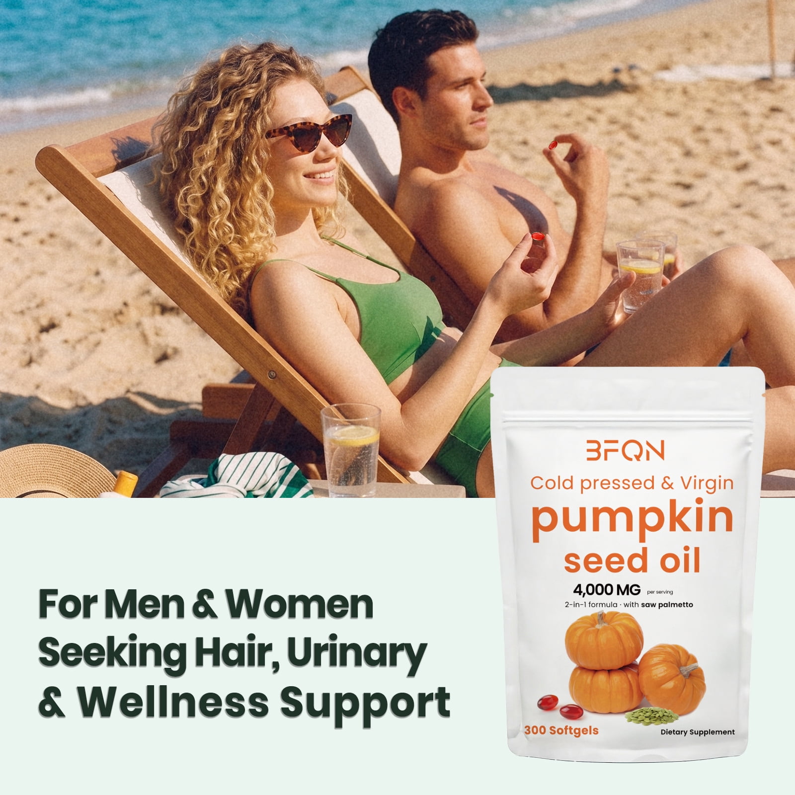 Pumpkin Seed Oil Softgels with Saw Palmetto – Dietary Supplements, 4000mg per Serving, 300 Softgels | Cold Pressed, Pure Virgin Oil | Supports Hair, Urinary, Bladder & Prostate Health | Non-GMO