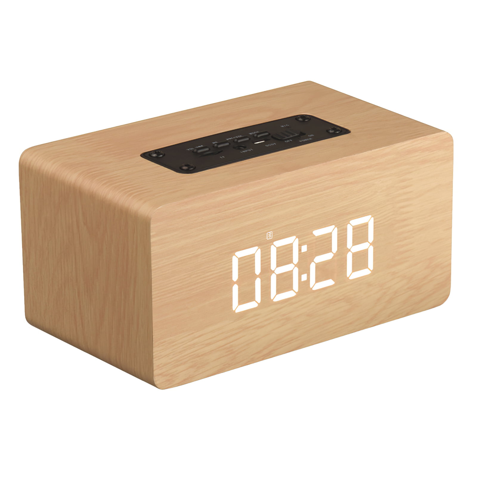 Alarm Clock Portable Speaker Digital Stereo Wooden Home Office Bedroom Travel LED Display Rechargeable Removable Backup Battery Time Date Temperature Best Gift Idea