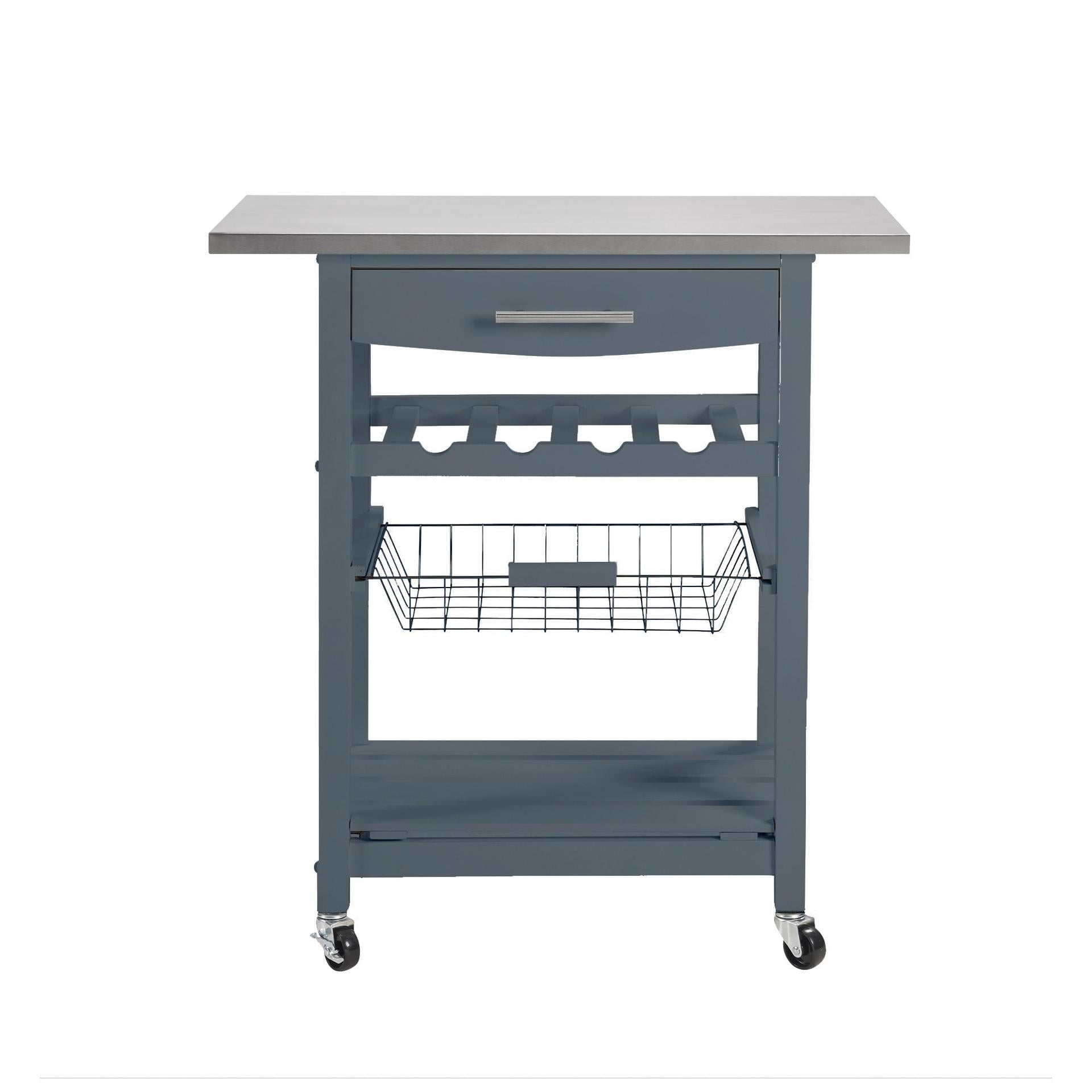 Mobile Rolling Kitchen Island Trolley Serving Cart with Underneath Drawer & Slide-Out Wire Storage Basket