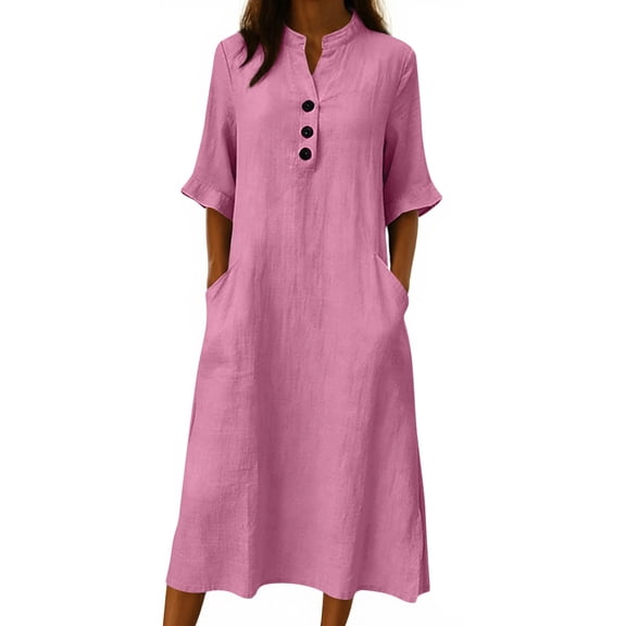 Ohufall Dress for Women Cotton Button Half Sleeve Midi Dress with Pocket Fashion Solid Casual Dress