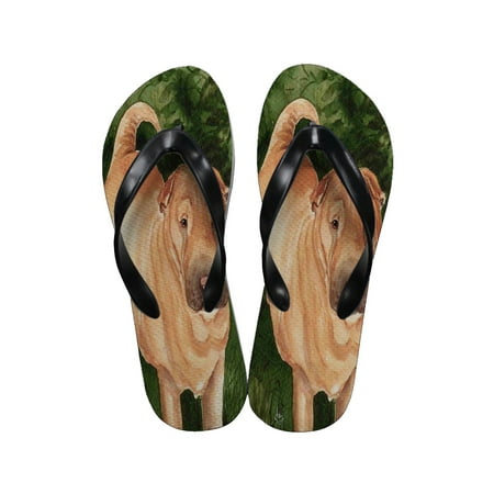 Chinese Thong Sandals - KuzmarK Flip Flop Thong Sandals Unisex - Annie on Green Cream Chinese Shar-Pei Dog Art by Denise Every