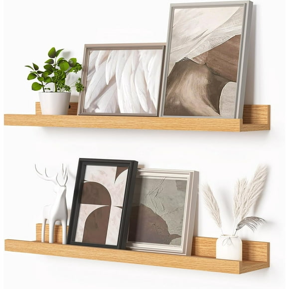 Picture Ledge Shelf, Floating Shelves Set of 2, 24 Inches Picture Shelf for Wall with Ledge, Kids Bookshelf Wall Mounted for Living Room Bedroom Decor Books Photo Frames - Natural Oak