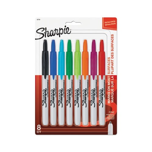 Retractable Permanent Marker Fine Bullet Tip, Assorted Colors, 8/Set