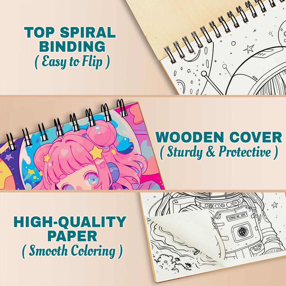 Netecom Kawaii Astronaut Girl Coloring Book for Adults and Women, A5 Wooden Cover, 30 Fantastic Outer Space Coloring Pages of Astronaut Girl for Stress Relief and Relaxation, Spiral Bound Edition