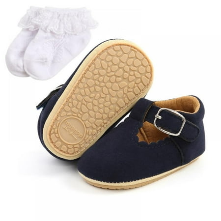

Baby Girls Mary Jane Shoes Soft Sole Non Slip Newborn Infant Toddler First Walker Crib Dress Shoes + Socks 0-18Months