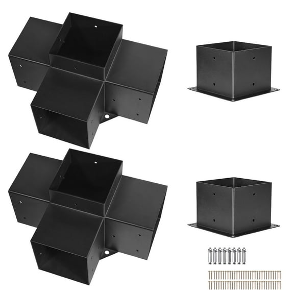 KFFKFF 6x6 Inch Pergola Bracket Kit, 2 Pcs 4-Way Heavy-Duty Corner Brackets for DIY Woodwork, Compatible with Wooden Beams for Gazebos, Patio Structures, and Log Cabins