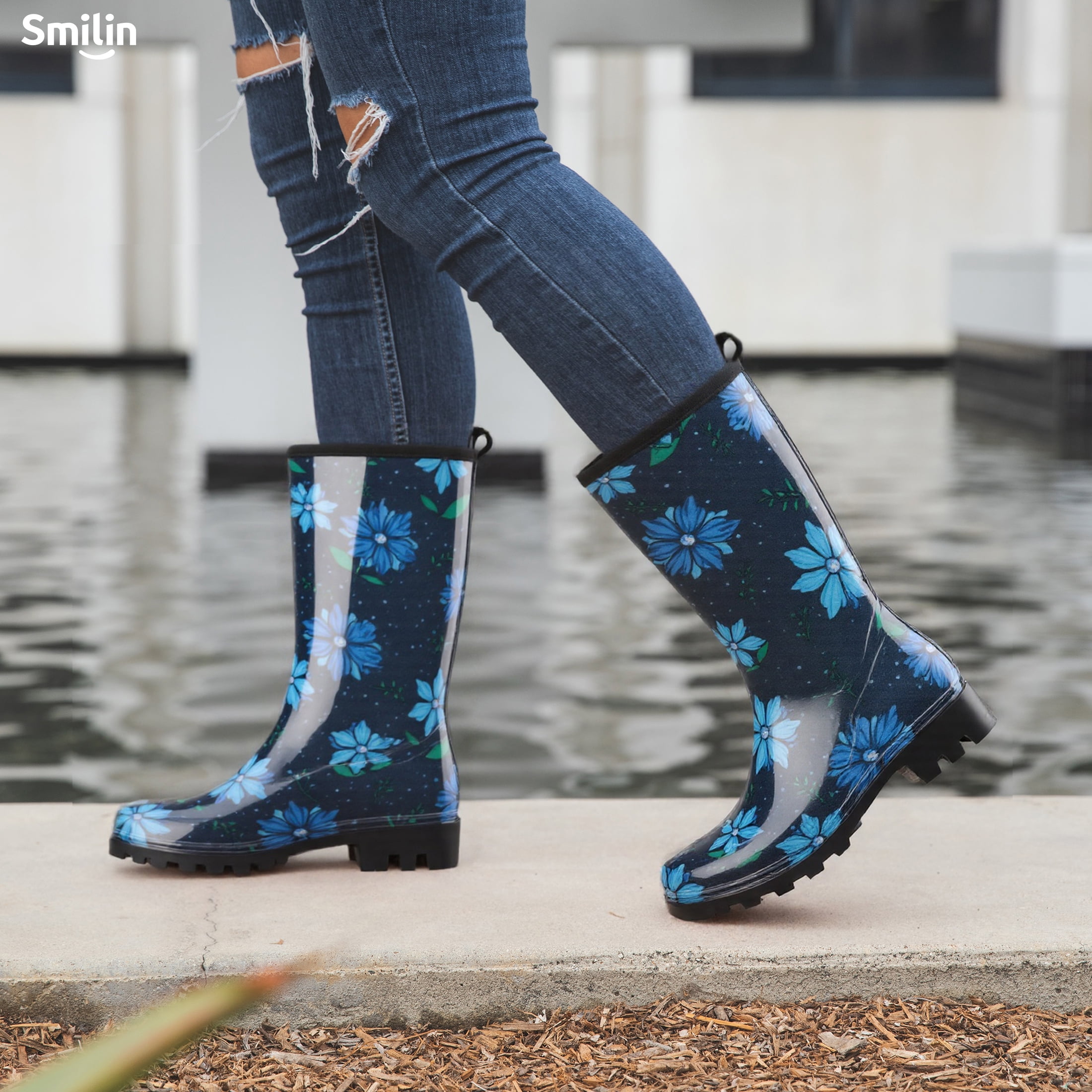 SMILIN Women's Rain Boots, Waterproof Non-slip High Ankle Garden Boots，Blue Floral, Size 11