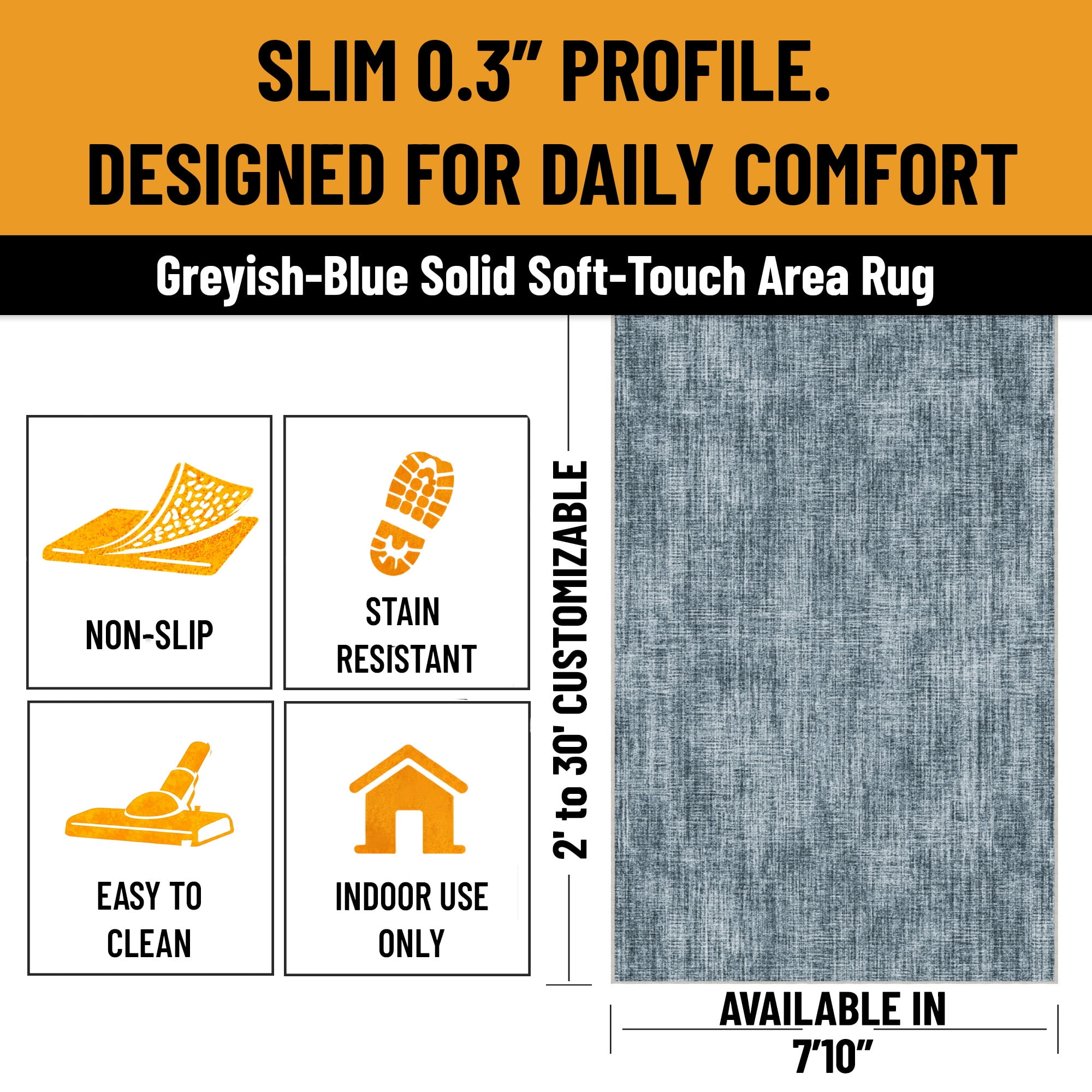 Ottomanson Non-Slip Extra Large Area Rug 7'10" x 15' Low Pile Living Room Carpet, Solid Greyish Blue