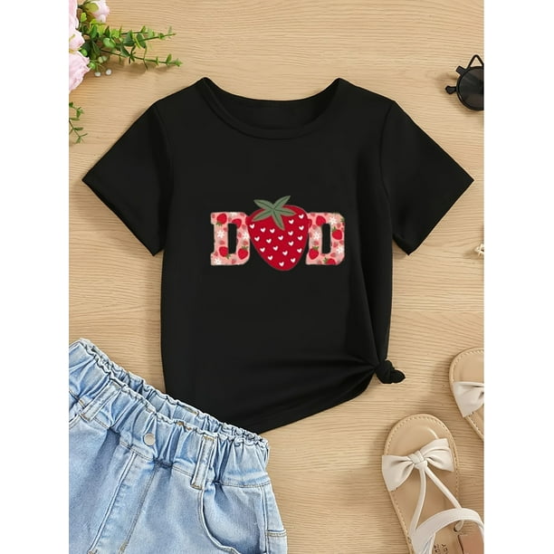Girls Crew Neck Short Sleeve Casual T Shirt, Cute Alphabet & Strawberry Print, Polyester, Slight Stretch, Regular Fit, Knit Tops, 180 g/m2, for Spring/Summer, with Gift