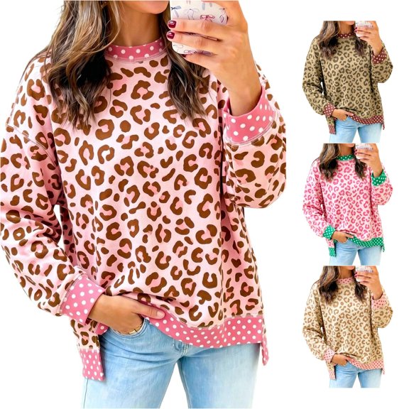 Women's Casual Hoodless Sweatshirt Leopard Print Polka Dot Pullover Crew Neck Long Sleeve Soft Comfortable Everyday Wear S