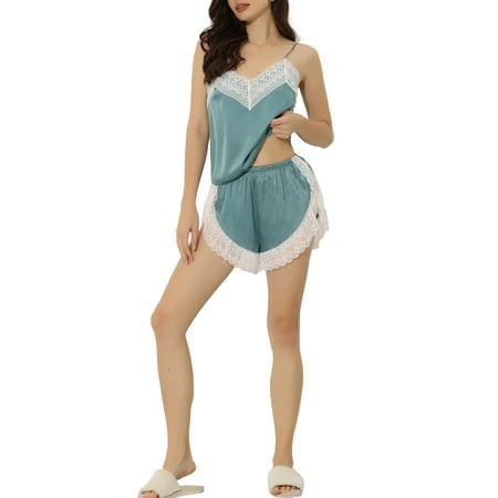 cheibear Womens Sleepwear Pjs Lace Trim Satin Lingerie Silk Cami with Shorts Pajama Set