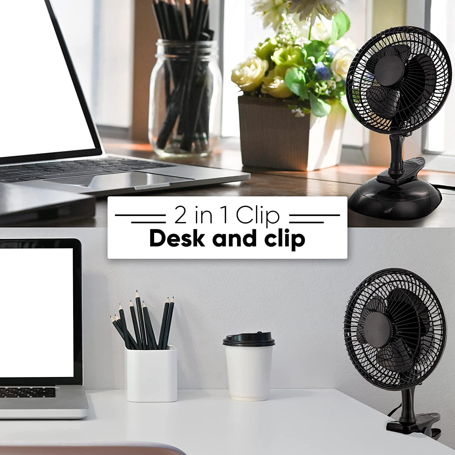 RamPro Portable Desk and Clip on Fan, 6 Inch Fans Small and Quiet Plug In, Small Personal Cooling Fan for Desk Home Bedroom Office, 2 Speed, Adjustable Tilt, Black, 2 Pc