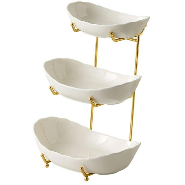 veasfak Ceramic Fruit Bowl for Kitchen Counter Fruit Display Stand for Kitchen Snack Golden 3 Layer