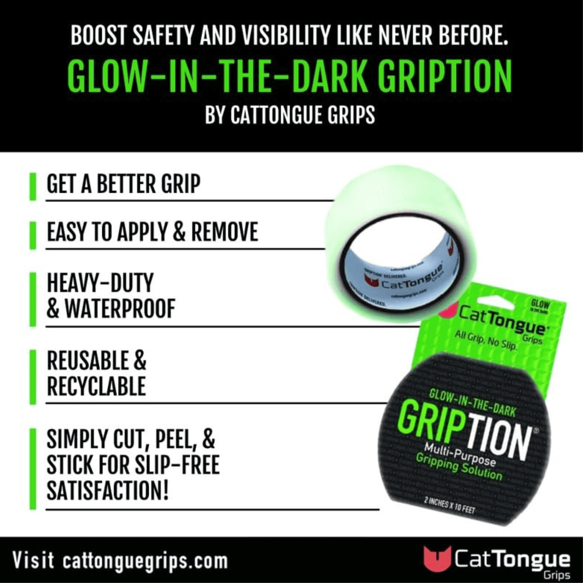 CatTongue Gription Non-Abrasive Grip Tape for Handles, Stairs, and More - Waterproof, Heavy-Duty Anti Slip Tape, 10ft, Glow In The Dark