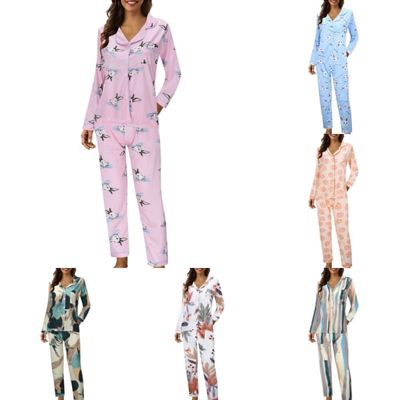 Womens Pajama Sets Casual Lapel Button Print Two Piece Long Sleeve Suit Leisure Nightwear Pink Women's Sleepwear L