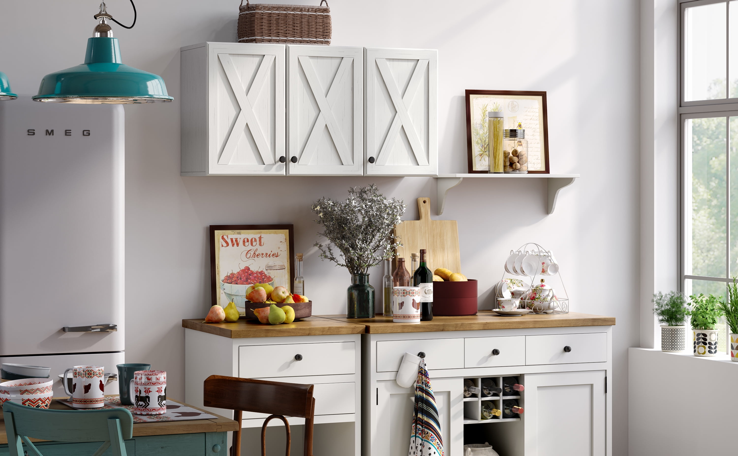 POLIHOME Farmhouse Kitchen Wall Amount Storage Cabinets with 3 Doors and Shelves, 36inch