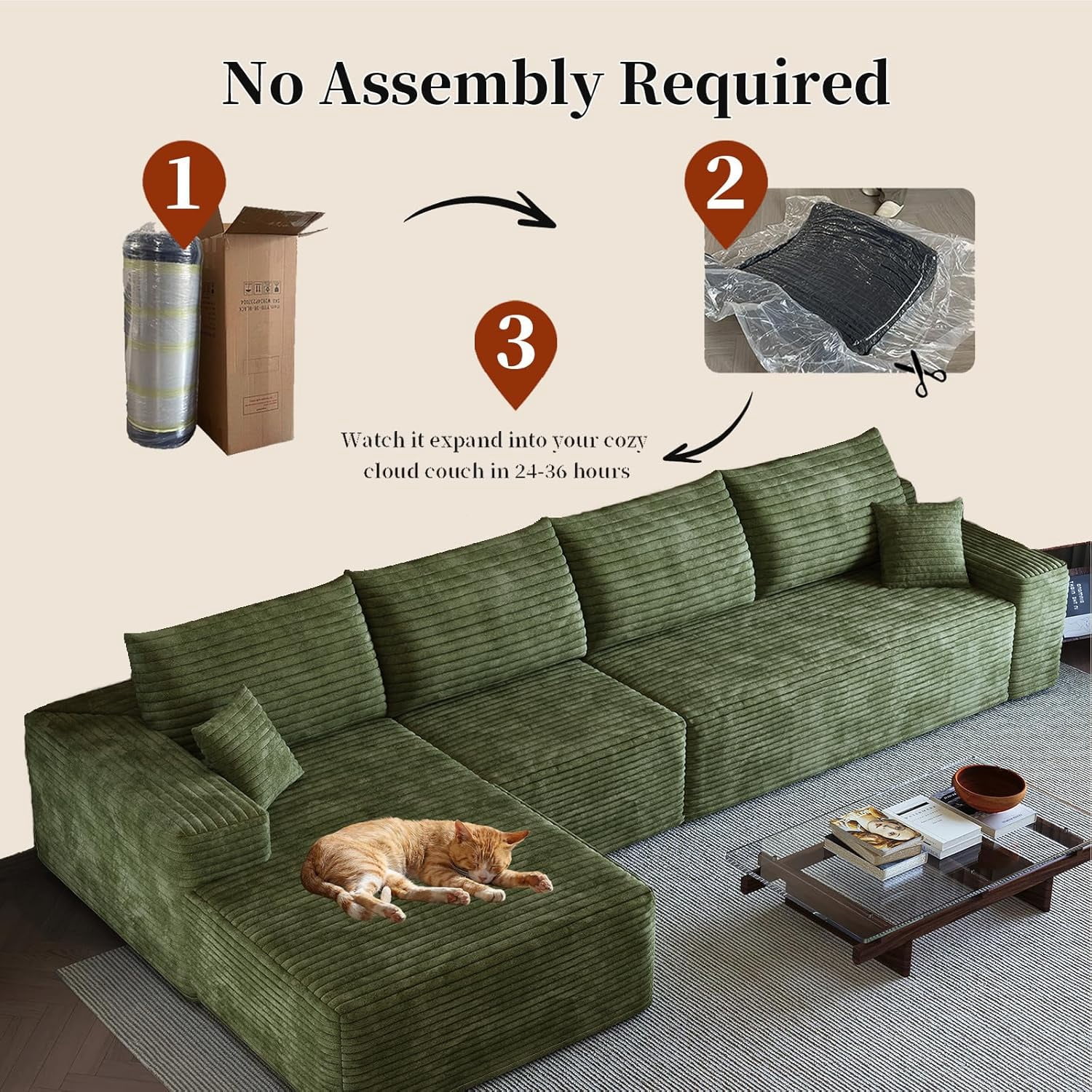 Sailvan 135" Cloud Sectional Couch, Cloudy Sofa with L-Shape Chaise, Upholstered Couches for Living Room & Bedroom, No Assembly Required, Plush Corduroy Fabric, Green