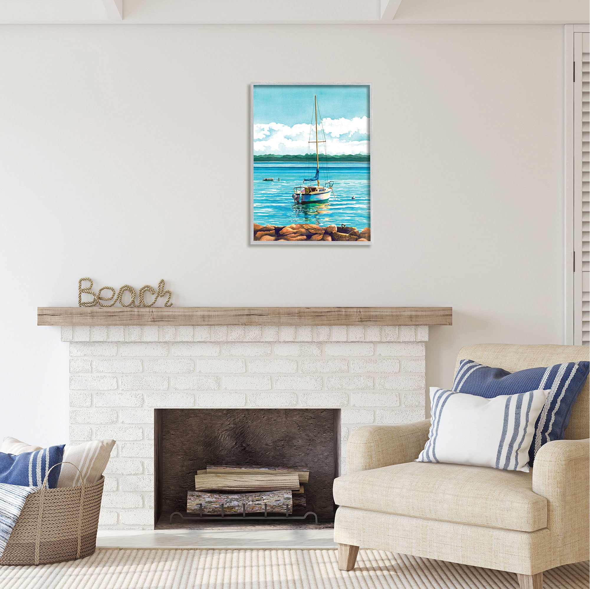 Stupell Industries Sailboat Rocky Shoreline Nature Painting Gray Framed Art Print Wall Art, 24 x 30