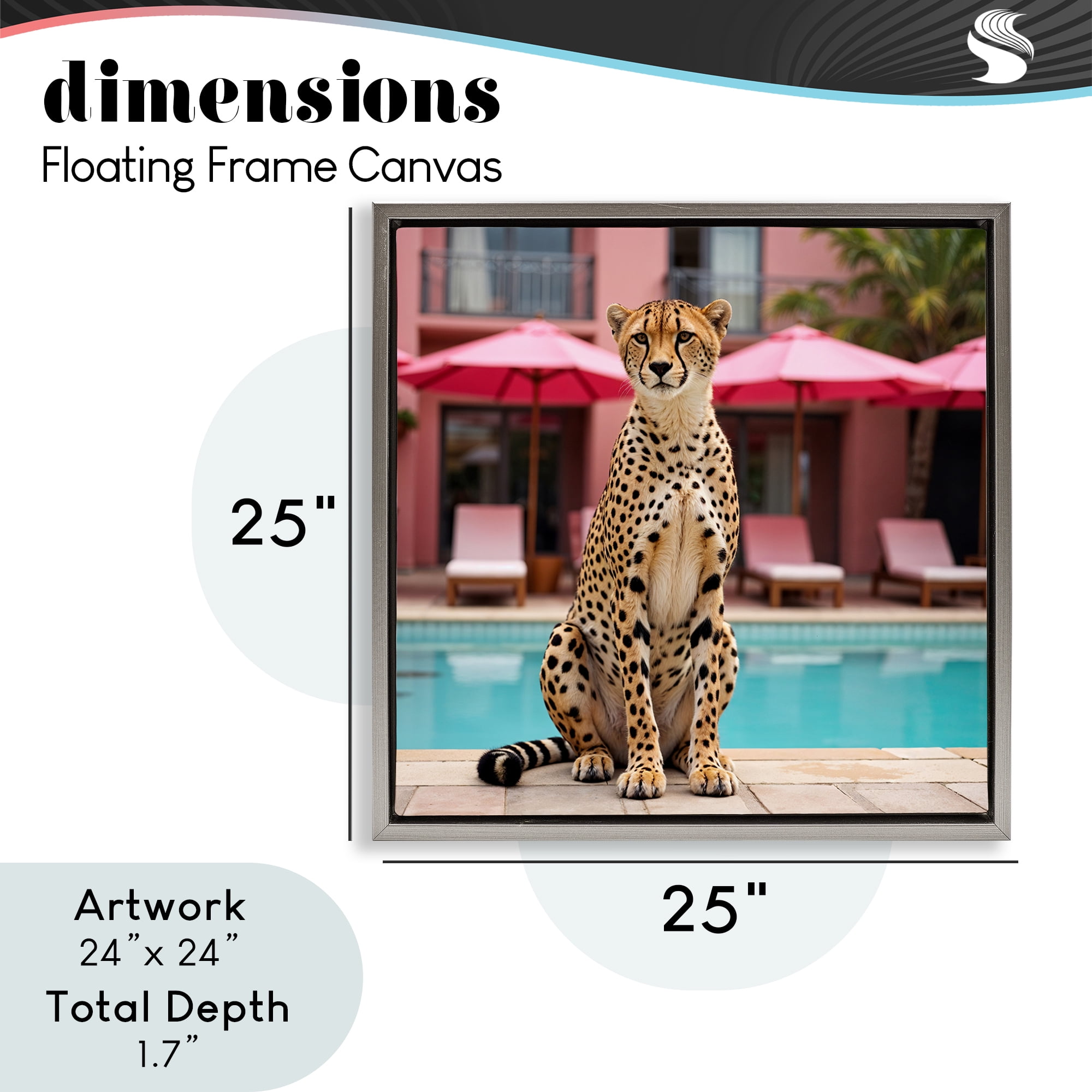Cheetah Posed at Poolside Gray Framed Floater Canvas Wall Art, design by Lettered and Lined