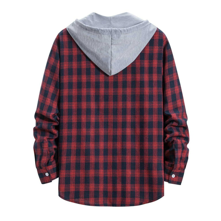 XFLWAM Men's Plaid Hooded Shirts Casual Long Sleeve Lightweight Jackets  Drawstring Button Down Shirt Red M 