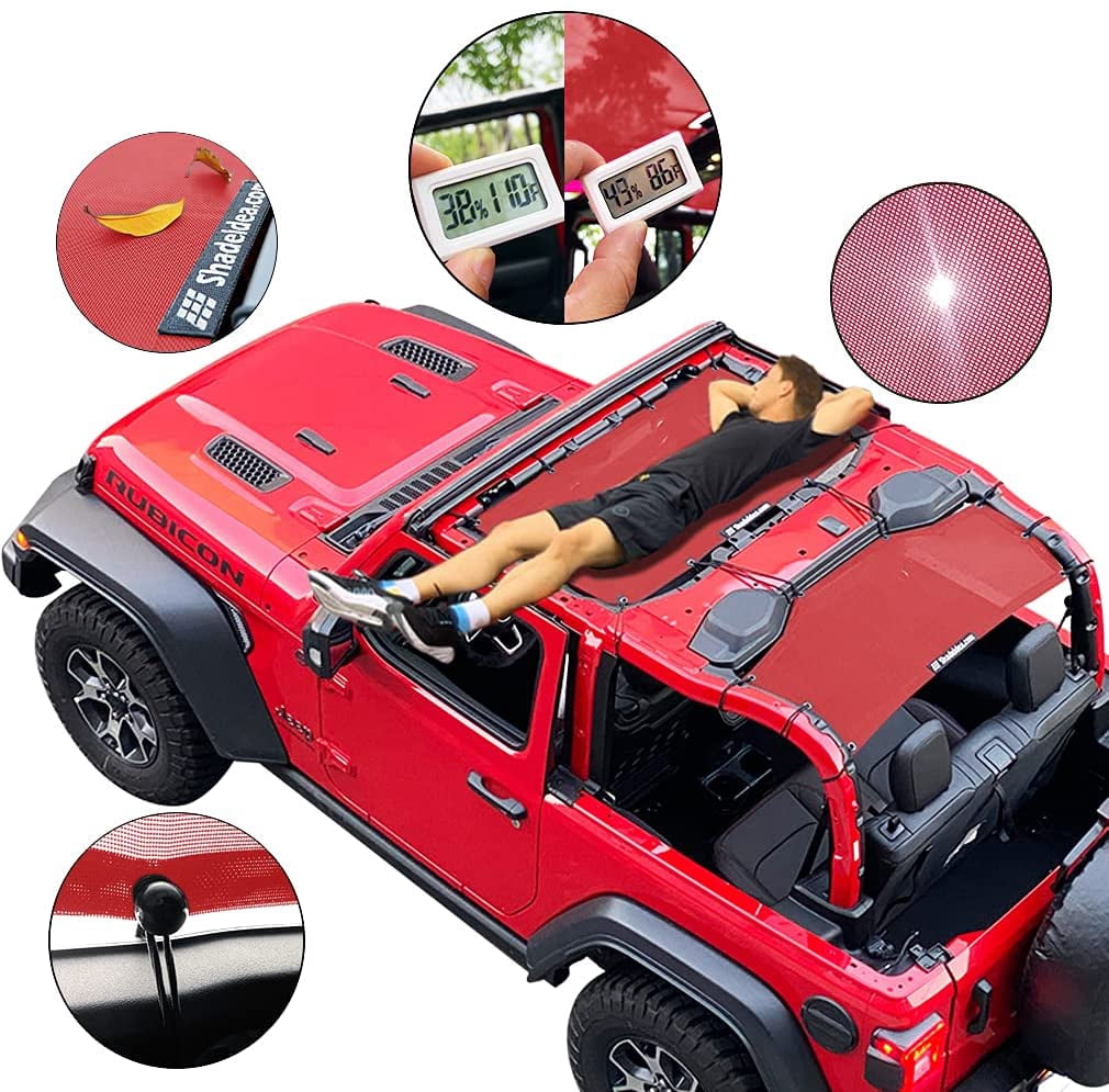Shadeidea JL Sun Shade for Jeep Wrangler 2 Door Top Sunshade ( 2018 - Current ), Front & Rear - Cherry Red Mesh Screen Wrangler Cover, UV Blocker with Grab Bag Pouch - 10 Years Warranty