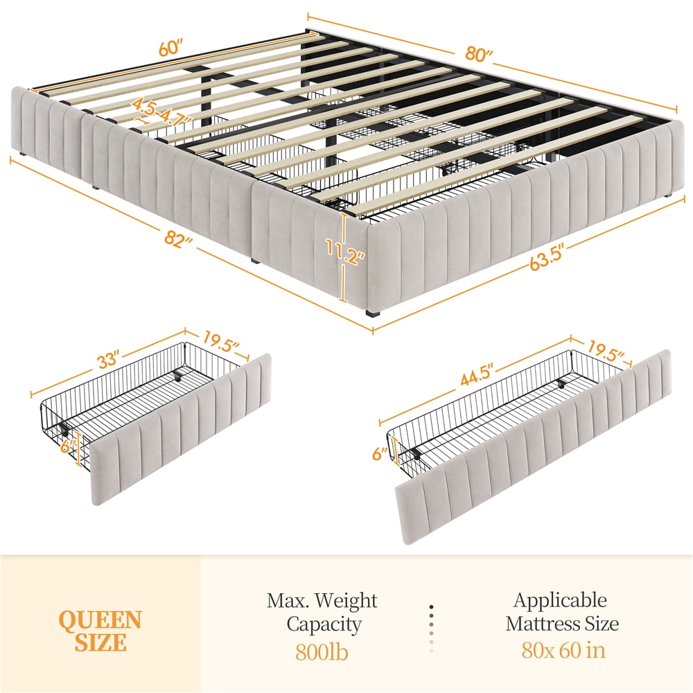 Fullfurnique Upholstered Platform Bed Frame with Three Storage Drawers, Queen, Beige