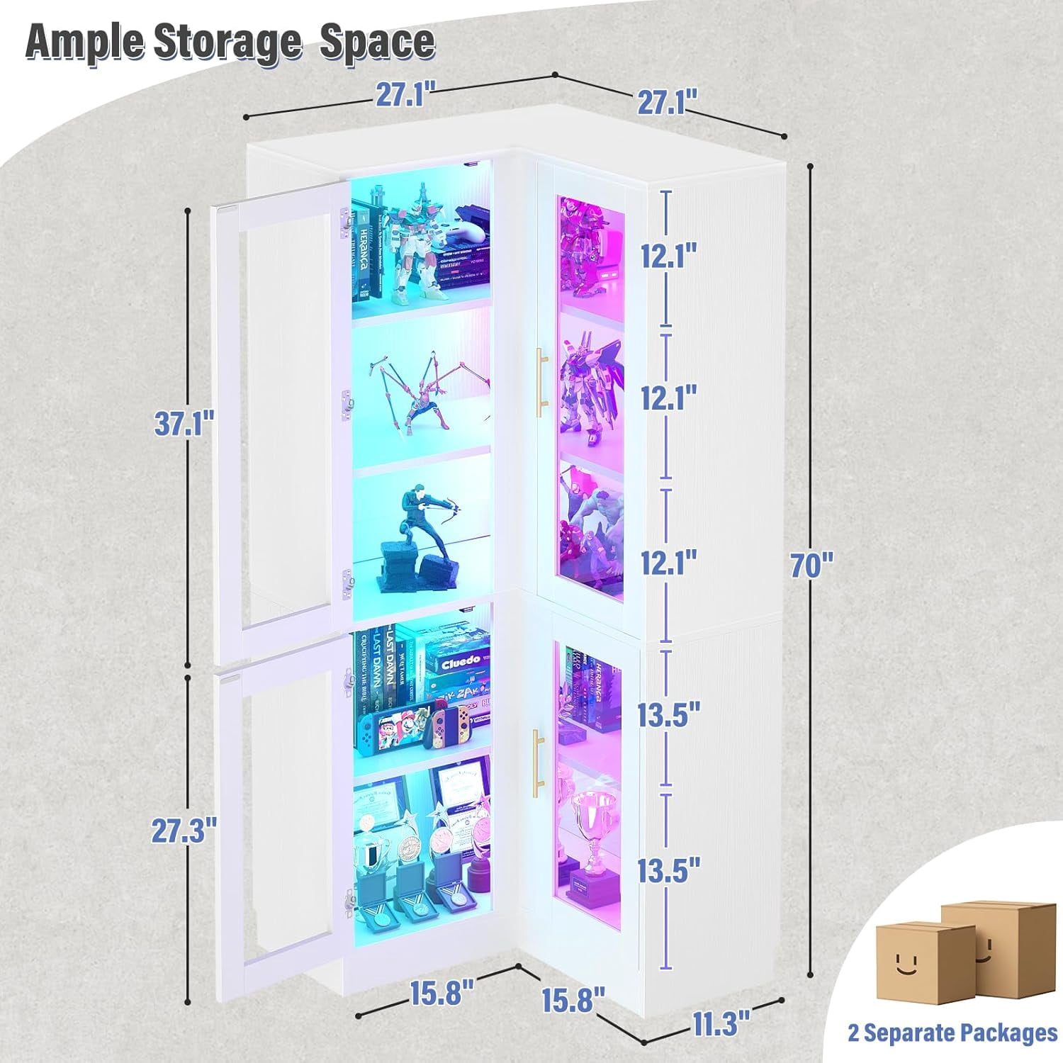 Homieasy 70'' Tall Corner Pantry Cabinet, L Shaped Kitchen Hutch Cabinet with LED Lights, Glass Doors & Adjustable Shelves, Storage Cabinet for Dining, Kitchen, Closet, White
