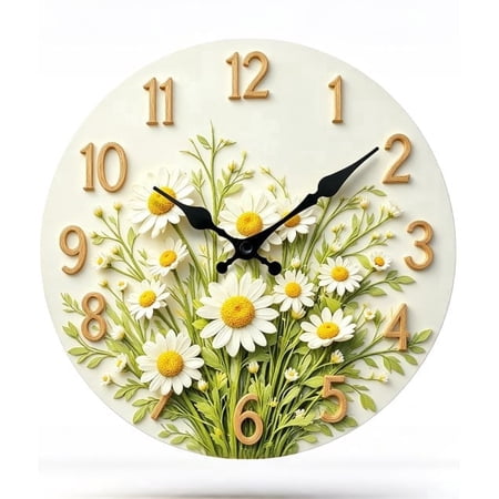VOCOO 10 Wooden Daisy Faux 3D Wall Clock, Silent Non-Ticking Quartz Movement, Rustic Farmhouse Decorative Clock for Living Room Bedroom Kitchen Office, Easy to Install, Battery Operated