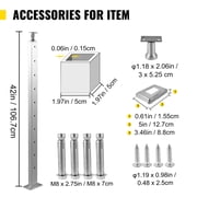 KFFKFF Wire Handrail Post for Deck Stair, 42 x 1.97 x 1.97, Stainless Steel Cable Railing Post with Pre-Drilled Pickets, Includes Mounting Bracket, Silver Stair Railing Kit