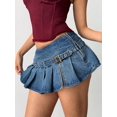 thumbnail image 5 of Womens Blue Denim Pleated Mini Skirt With Belted Waist And Frayed Hem, 5 of 21