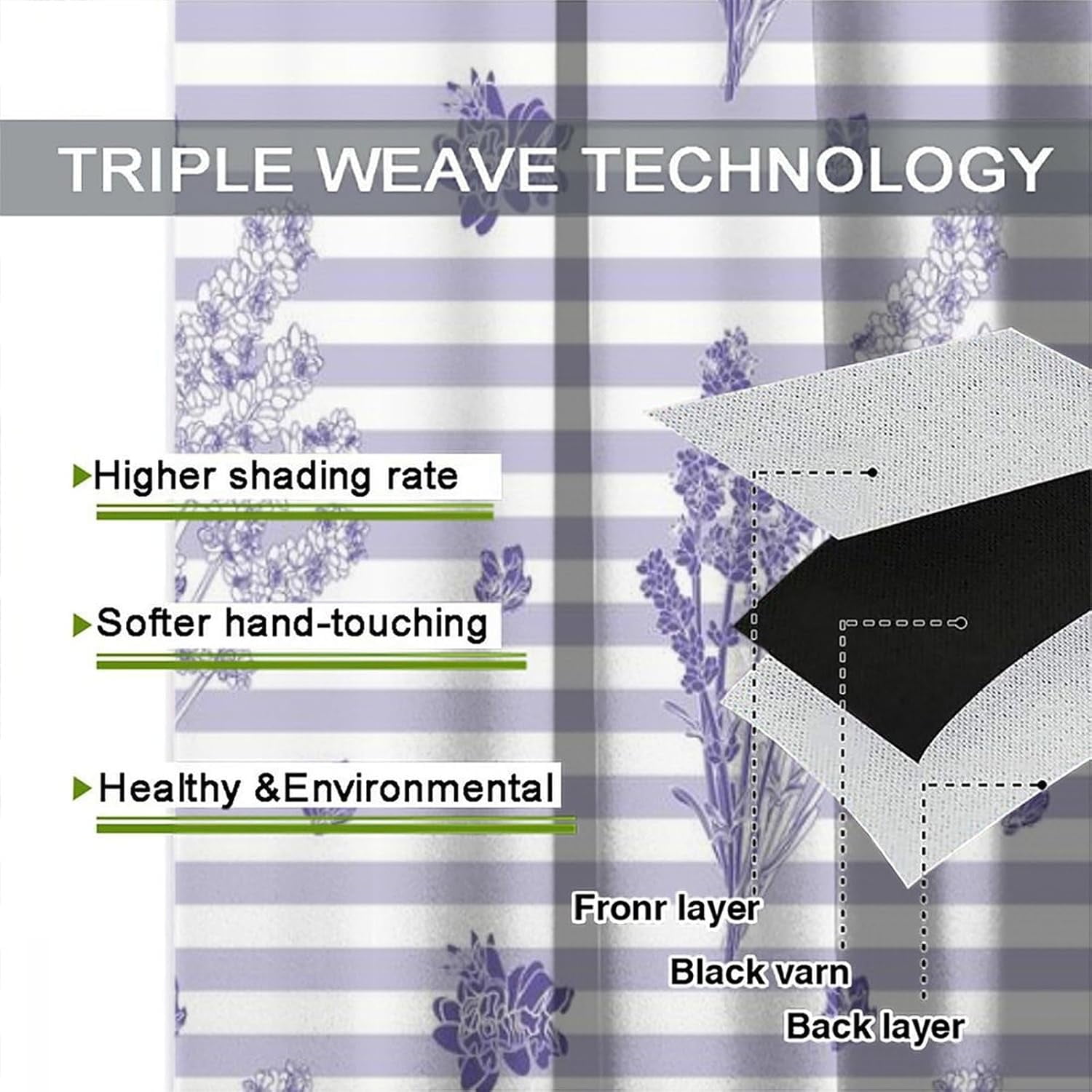 Lavender Floral Curtains - Purple Stripe Print Living Room Curtains for Girls - Blackout Comfortable Elegant 52x84 Inch 2 Panels