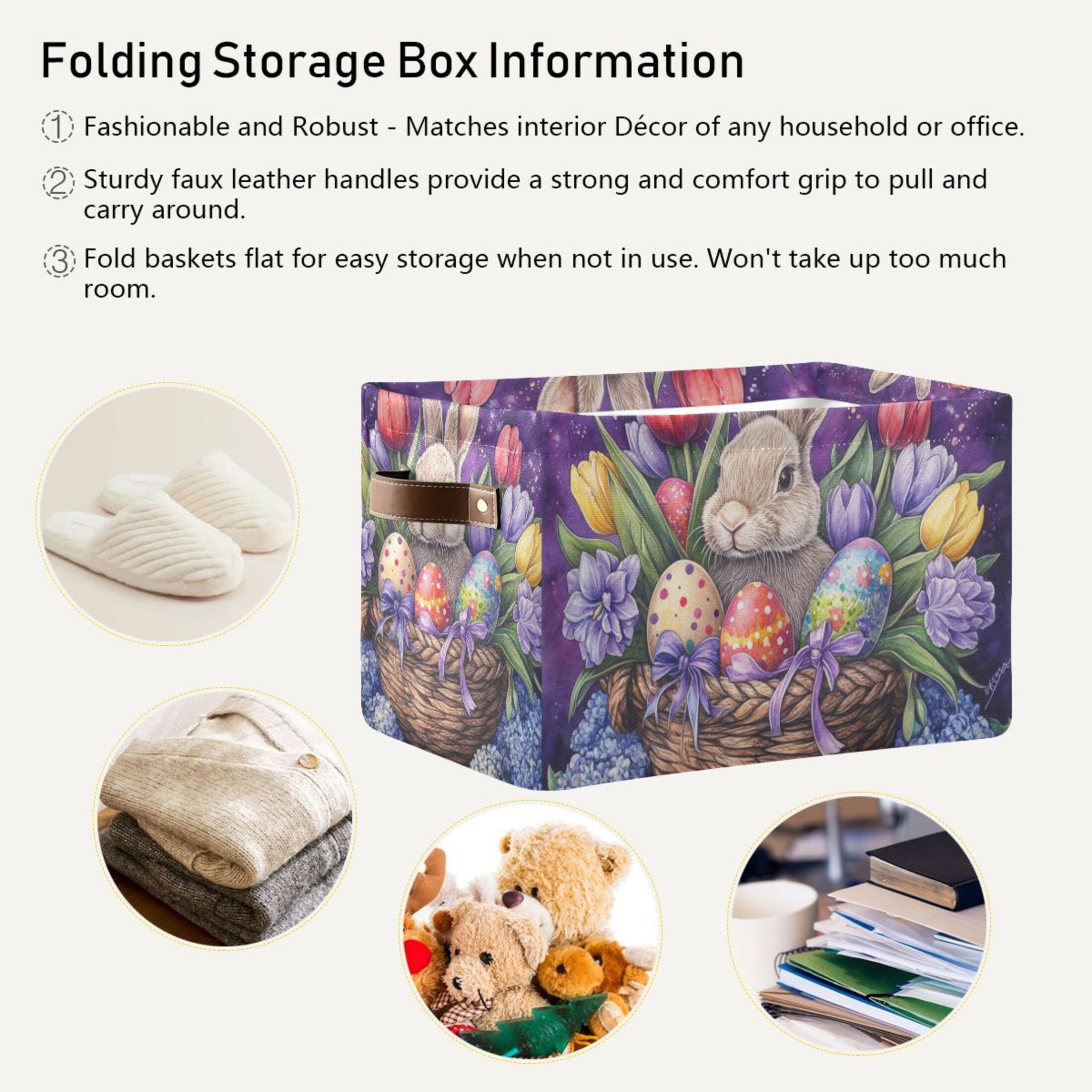 WOBOGO Easter Rabbit Purple Pattern Square Storage Basket with Waterproof Canvas and PE Lining Durable PU Leather Handles 14.2×10.2×8.3in