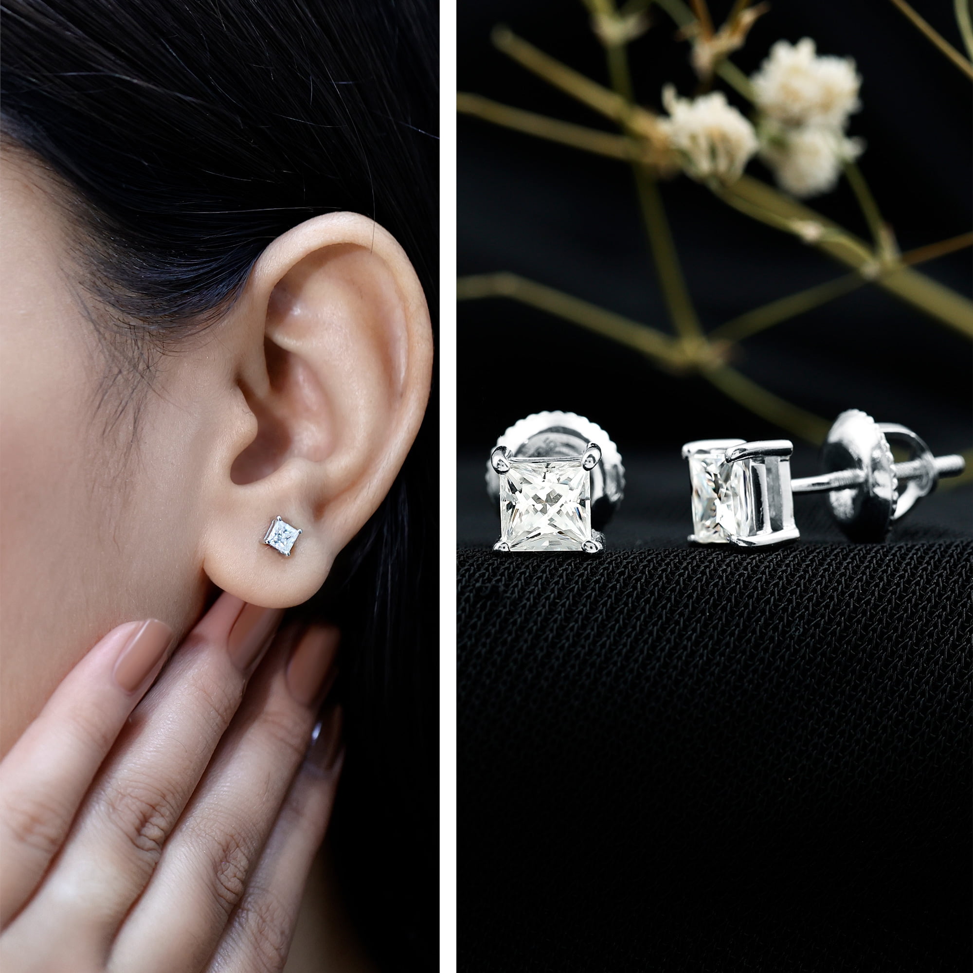 Certified 1.50 Ct Moissanite Stud Earrings with Screw Back (5 mm, D-VS1 Grade) - 925 Silver Princess Cut Earrings - Gift for Women