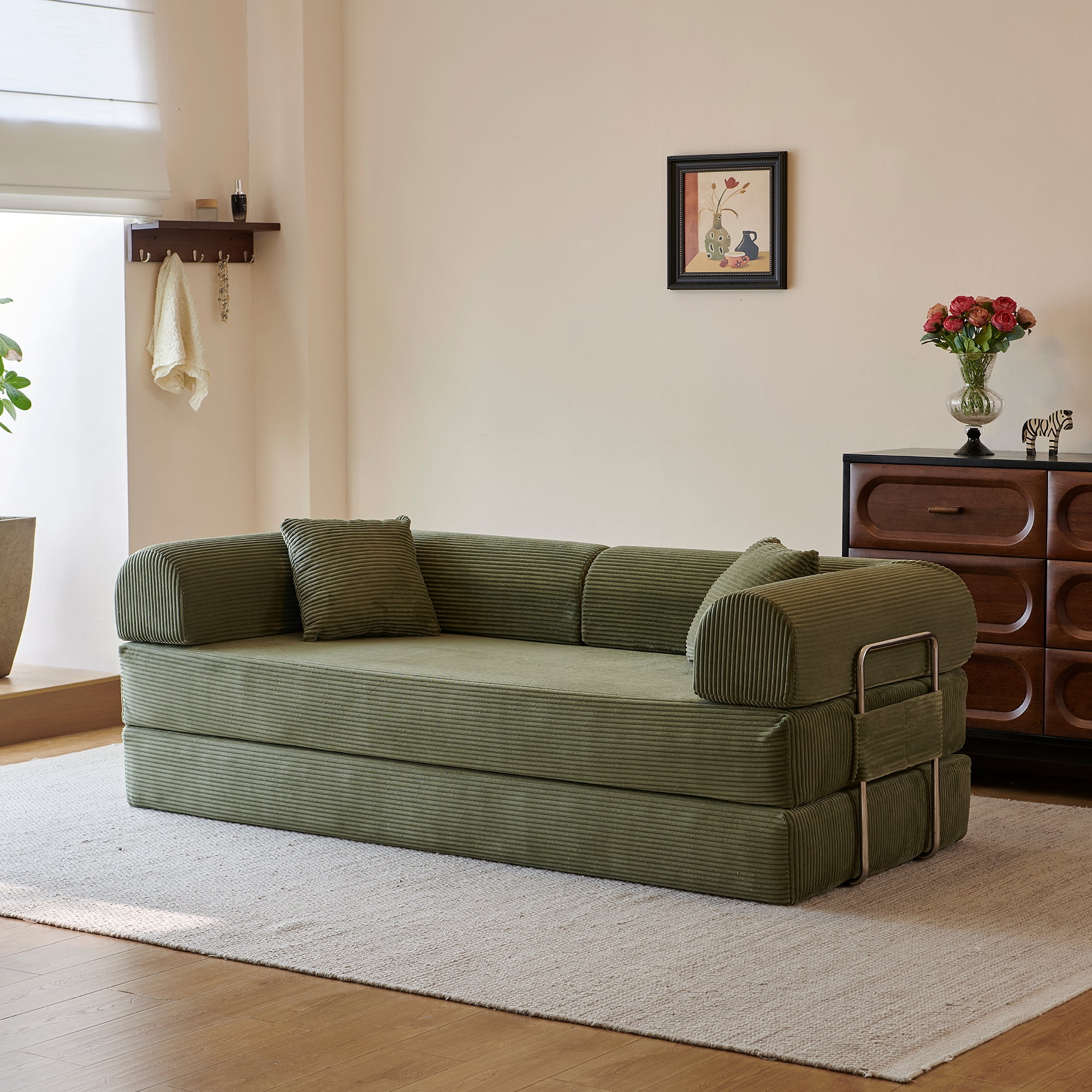 Leumius 78.8" Convertible Sofa Bed with Pillow Back Support Armrest,Comfy Corduroy Fabric Boneless Modular Sectional Sofa,Futon Couch Sleeper Bed for Living Room,Bedroom,Green
